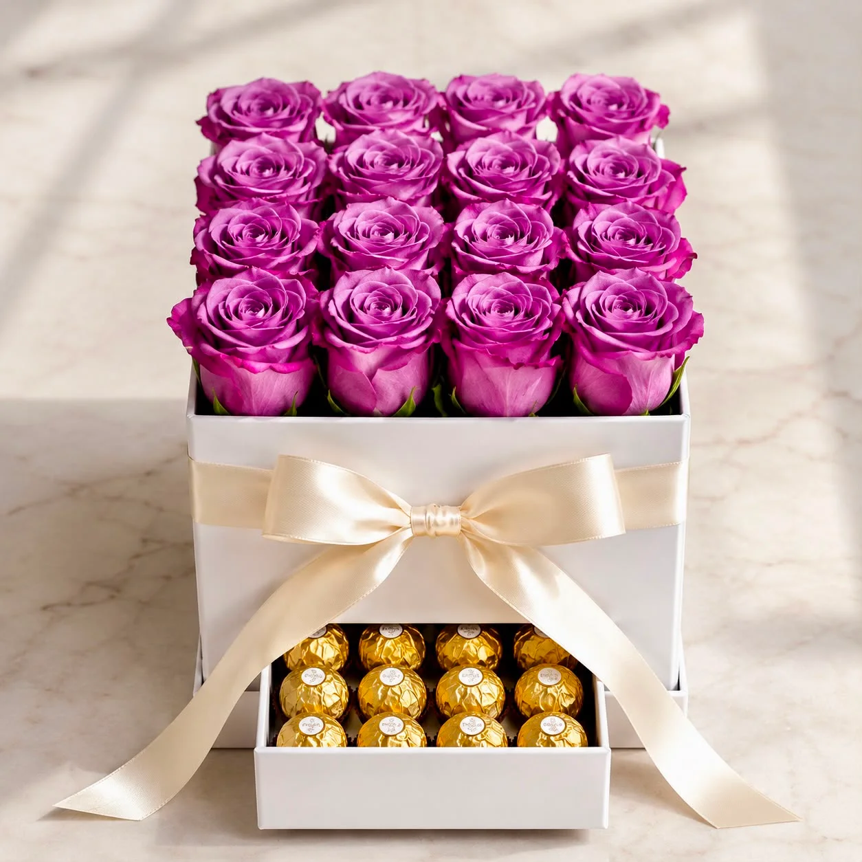 Roses and chocolates for Emirati Women’s Day with 16 purple roses and 16 Ferrero Rocher chocolates